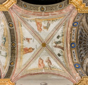 Transepto sur tercer tramo oeste, Isaac pide a Esaú que le traiga caza, Rebeca viste a Jacob con ropas de Esaú, Jacob confundido con Esaú da comida a Isaac, Esaú regresa con caza, Catedral de Santa María Assunta, Duomo, Cremona, Lombardía, Italia (foto) de Unbekannt
