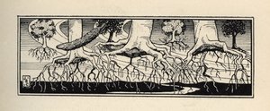 Árboles desarraigados por una tormenta replantan sus raíces en el lugar exacto donde estaban. Ilustración de William Strang (1859-1921) y JB Clark de Las aventuras del Barón de Munchausen (Munchhausen) de Rudolf Erich Raspe (1736-1794) (1789)