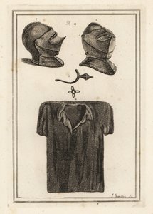 Dos vistas de un casco singular en la Torre de Londres y una espuela antigua curiosa y una armadura de malla de Unbekannt