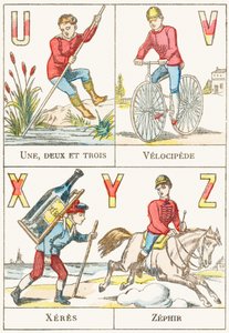 U V X Y Z; U: Una, dos y tres; V: Velocípedo; X: Jerez; Z: Zéfiro - Alfabeto de Juegos, c.1890 (grabado) de Unbekannt