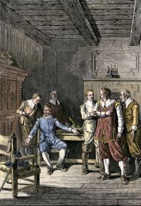 Estados Unidos, Massachusetts: Disputa entre John Winthrop (1588-1649) y Thomas Dudley (1576-1653) en la Colonia de la Bahía de Massachusetts. Grabado en color del siglo XIX.