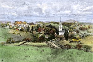 Estados Unidos, Estado de New Hampshire: Pueblo de New Boston, New Hampshire años 1800. Grabado en color del siglo XIX. de Unbekannter Künstler
