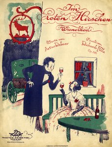 Romance vienés - Pareja de principios del siglo XIX bebiendo vino tinto y brindando en el "Ciervo Rojo". de Unbekannter Künstler