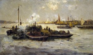Vista de Limehouse, Inglaterra, con una descripción de la industrialización del Támesis a finales de la era victoriana (finales del siglo XIX) y de remolcadores, cúteres y barcazas; al fondo, la Torre Blanca de San Jorge. de Unbekannter Künstler