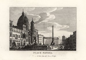 Vista de la Piazza Navona, con la fuente, el obelisco egipcio y la iglesia de Sant