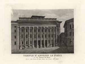 Vista del Templo de Adriano, Templum Divus Hadrianus, con 11 columnas dedicadas por su hijo adoptivo Antonino Pío, Temple d