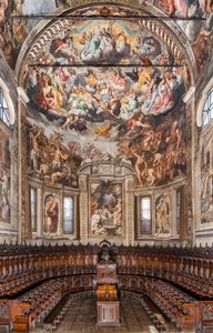 Vista del ábside con frescos de Camillo Procaccini y coro de madera de Cristoforo y Giuseppe De Venetiis, Basílica de San Próspero, Reggio Emilia, Emilia Romagna, Italia (foto) de Unbekannter Künstler