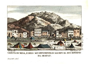 Vista del pueblo de Mina, en el desierto de Arafat (Ciudad de las tiendas, La Meca, Arabia Saudí). Ilustración de Ali Bey el Abbassi de sus Viajes por Marruecos, Trípoli, Chipre, Egipto, Arabia, Siria y Turquía, Londres 1816. Grabado al cobre de dell