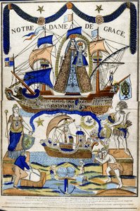 Virgen María como Madonna in Glory (Notre Dame de Grace ) como protectora de marineros y viajeros Paloma del Espíritu Santo sobrevuela el barco en la mitad inferior. Siglo XIX (xilografía francesa)