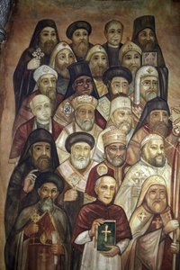 Pintura mural en el santuario copto de San Marcos, Abbassya, El Cairo, Egipto
