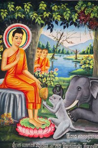 Pintura mural en Wat Pitchey Udong: Escena de la vida del Buda. Buda alimentado por un mono mientras ayunaba, Kampot, Camboya