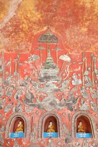 Pared con pequeños budas y figuras de vidrio emplomado, monasterio de Shwe Yaunghwe Kyaung, Nyaungshwe, lago Inle, Myanmar (foto) de Unbekannter Künstler