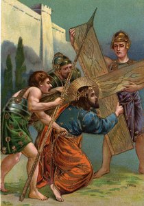 Vía Crucis: tercera estación, Jesús cae por primera vez bajo el peso de su cruz (Jesús cae la primera vez) Cromolitografía Colección privada de William M. Timlin