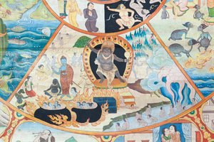 Rueda de la vida, detalle, pintura mural en wat Umong, Chiang Mai, Tailandia de Unbekannter Künstler