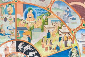 Rueda de la vida, detalle, pintura mural en wat Umong, Chiang Mai, Tailandia de Unbekannter Künstler