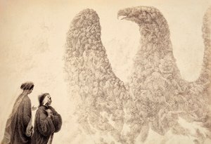 Dentro de la Esfera de Júpiter, Dante ve a los espíritus benditos disponerse en forma de águila, símbolo del Imperio. Ilustración del Canto XVIII del Paradiso de La Divina Comedia de Dante Alighieri. Obra de Francesco Scaramuzza dedicada al Mun de Unbekannter Künstler