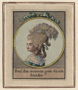 Mujer en un nuevo estilo de puf llamado Stradre. Puf con un nuevo gusto llamado el Stradre. Grabado en cobre coloreado a mano por un artista desconocido de un Álbum de peinados de moda de 1783, Suite des Coeffures a la Mode en 1783, Enauts et Rapilly, Pari de Unbekannter Künstler