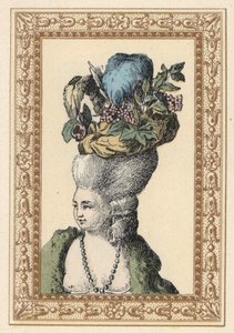 Mujer peinada con gorro decorado con uvas y plumas llamado Racy Cap en un Parque Inglés. Gorro galante en un parque inglés. Litografía coloreada a mano por de Laubadere de la obra de Octave Uzane Stylish Hairstyle or Eccentric Finery de la época de de Unbekannter Künstler