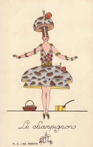 Mujer con disfraz de seta, le mushroom, sombrero y vestido en forma de seta, decorado con caracoles y flores. Litografía de autor desconocido coloreada a mano con plantilla de "Nos Travestis" (Nuestros disfraces), París. de Unbekannter Künstler