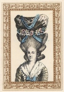 Mujer con sombrero a la Gabrielle Vergy, atado con cintas y guirnaldas de flores. Sombrero a la Gabrielle Vergy, inspirado en la tragedia de Dormont De Belloyd de 1777. Litografía coloreada a mano por de Laubadere a partir de la obra de Octave Uzane Stylis de Unbekannter Künstler