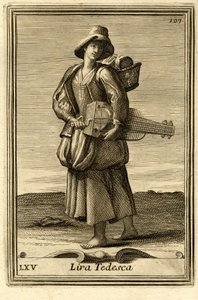 Mujer tocando la rueda antigua (o "Lira tedesca" o "ghironda"). En el "Gabinetto Armonico" de Filippo Bonanni, Roma. de Unbekannter Künstler