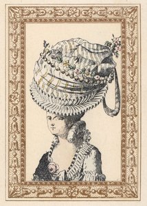 Mujer con un enorme sombrero llamado la Felicidad del Siglo. Litografía coloreada a mano por de Laubadere, de la obra de Octave Uzane Peinados con estilo o galas excéntricas de la época del rey Luis XVI, Hairstyles de Style, La Parure Eccentric, Rouveyre,  de Unbekannter Künstler