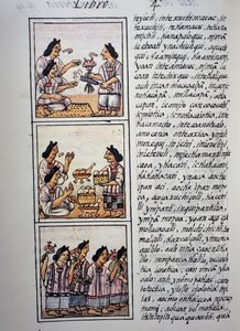 Mujeres preparando un banquete, Libro IV del Códice Florentino, versión bilingüe en español y náhuatl, Historia General de las Cosas de Nueva España (Historia general de las cosas de Nueva España), Civilización azteca de William M. Timlin