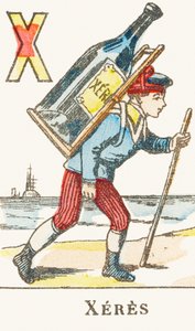 X: Jerez, un niño sostiene una gran botella de vino en su espalda - Alfabeto de los juegos, circa 1890 (grabado) de Unbekannt