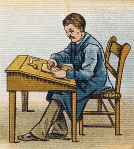Xilógrafo en su estudio. Grabado en "Alphabet de ma petite fille". Bernardin-Bechet y Fils, libreros-editores, París, alrededor de 1895. Álbum irrompible en lienzo. Bibliothèque des Bebes. 12 páginas. Álbum que contiene un método de lectura y un abecedario