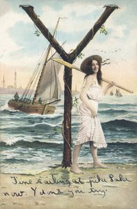 Y: Una mujer descalza, vestida con un vestido corto sin mangas, sostiene un remo sobre su hombro izquierdo. Decoración marina - Alfabeto personajes Ref Th. E., L. Theochrom - Serie 994. Theodor Eisman, editor, Leipzig de Unbekannt