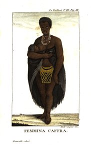 Joven san amamantando a su hijo, Sudáfrica. Lleva capa, collares y falda de cuentas. De Francois Le Vaillant (Levaillant