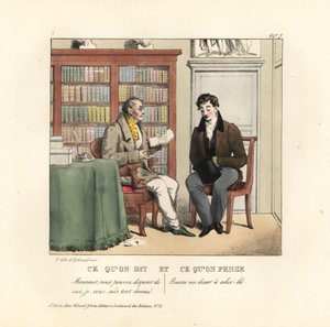 Joven caballero en el estudio de un consejero leyendo una carta. Le dice: Estoy a su entera disposición. Él piensa: ¡Otra cena gratis! Litografía coloreada a mano de los hermanos Gihaut a partir de una ilustración del artista suizo Jean Gabriel Scheffer de de Unbekannter Künstler