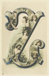 Z: foto-retrato de mujer en un largo vestido azul, varios bustos de mujeres en la letra - Retratos alfabéticos de mujeres. A. L. editor de Unbekannt