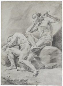 Dos hombres desnudos, durmiendo y tocando la flauta