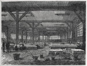 fábrica de vidrio : fabricación de un espejo, c.1880 (grabado) de Unbekannter Künstler