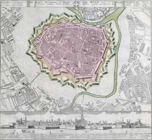 Plano del centro de la ciudad de Viena con las fortificaciones y los suburbios más cercanos de Unbekannter Stecher
