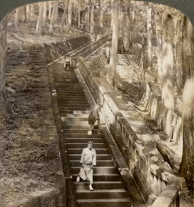 Antigua escalera de piedra que sube la colina hasta la tumba del Shogun Ieyasu, Nikko, Japón, 1904 de Underwood and Underwood