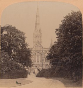Fachada noroeste de la Catedral de Salisbury, Inglaterra, primera gran iglesia del estilo inglés temprano, 1900 de Underwood and Underwood