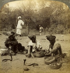 Encantadores de serpientes, Delhi, India de Underwood and Underwood