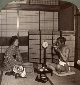 Cena de verano en un hotel, Hiroshima, Japón, 1904 de Underwood and Underwood