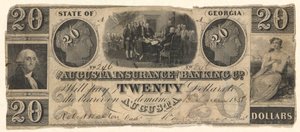 Billete de 20 dólares emitido por Augusta Insurance & Banking Co., Augusta, Georgia en 1858 con grabados de la Declaración de Independencia después de Trumbull, Washington después de Stuart (?) de Unknown