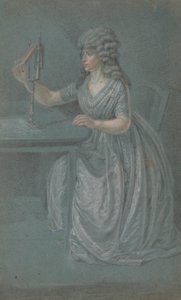 Una mujer sentada sosteniendo un Physiognotrace de Unknown