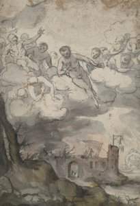Figuras celestiales sobre un castillo devastado por la Muerte y el Diablo de Unknown