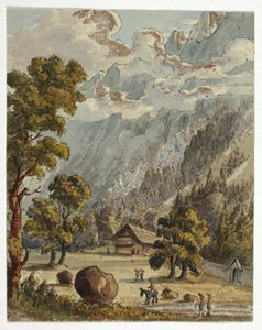 Chalet y jardín bajo los Alpes (anverso); Village  Glacier du Boissons, Chamix (reverso)