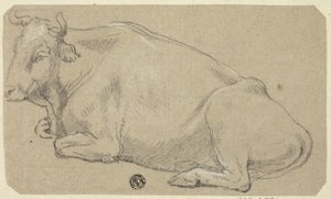 Vaca echada sobre las ancas (anverso); Cabeza de mujer y esbozo de cabeza de caballo (reverso) de Unknown