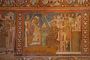 El Emperador Constantino presenta su tiara imperial al Papa Silvestre, dándole el gobierno de Roma, pared oeste de la Capilla de San Silvestro, 1246 de Unknown