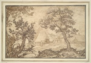 Edificios agrícolas vistos a través de una pantalla de árboles de Unknown