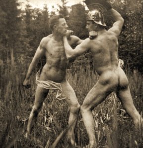 Posición de batalla con un casco romano, c.1910