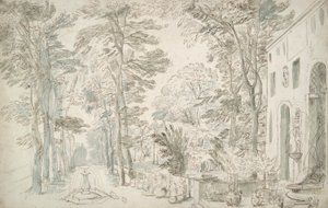 Jardín con Fuentes y Arbustos en Macetas de Unknown