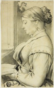 Retrato de medio cuerpo de mujer (de perfil a la izquierda) leyendo junto a un ventanal de ópera de Unknown